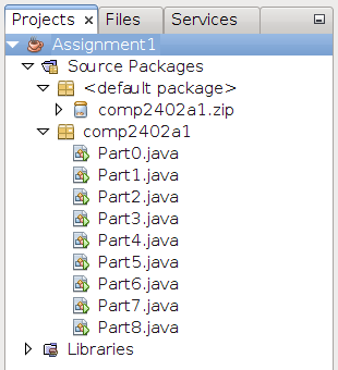 In the projects tab on the left, expand 'Assignment1', 'source packages', and 'comp2402a1'. The source files from the assignment should be listed there.