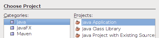 Select 'Java' and 'Java Application'.