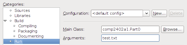 Main Class: 'comp2402a1.Part0'. Arguments: 'test.txt'.