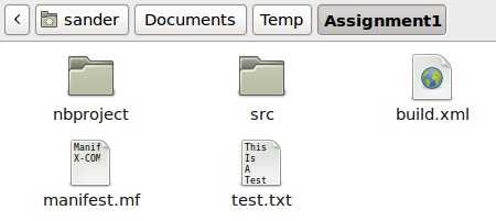 The 'Assignment1' directory should now contain (at least) the folders 'nbproject' and 'src', along with the files 'build.xml', 'manifest.mf' and 'test.txt'.